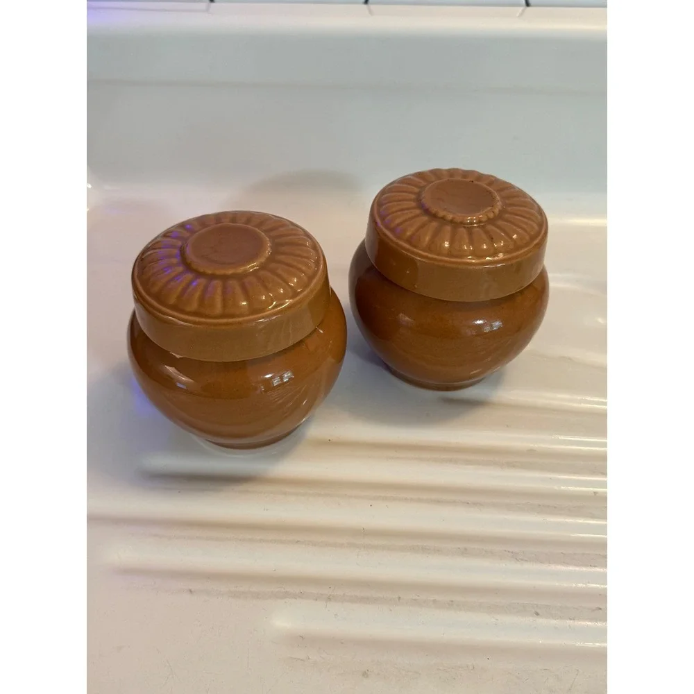 Vintage Terracotta Jars with Fluted Lids Set of 2 Brown Glazed Canisters